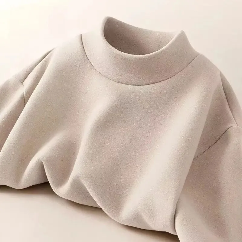Tshirt Man 2026 Casual Spring Autumn double-sided Fleece Warm semi-high-neck Base Loose Top long-sleeved T-shirt men's Clothing