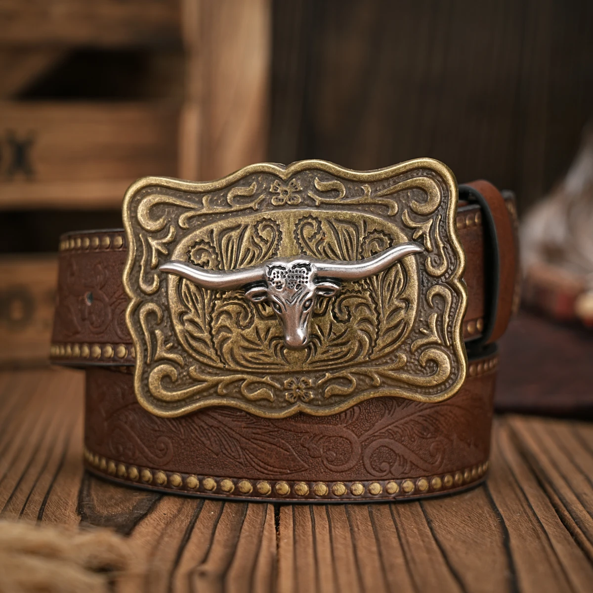 Men - Women - Western Denim - pu leather - Belt - Vintage jeans with carved buckle belt