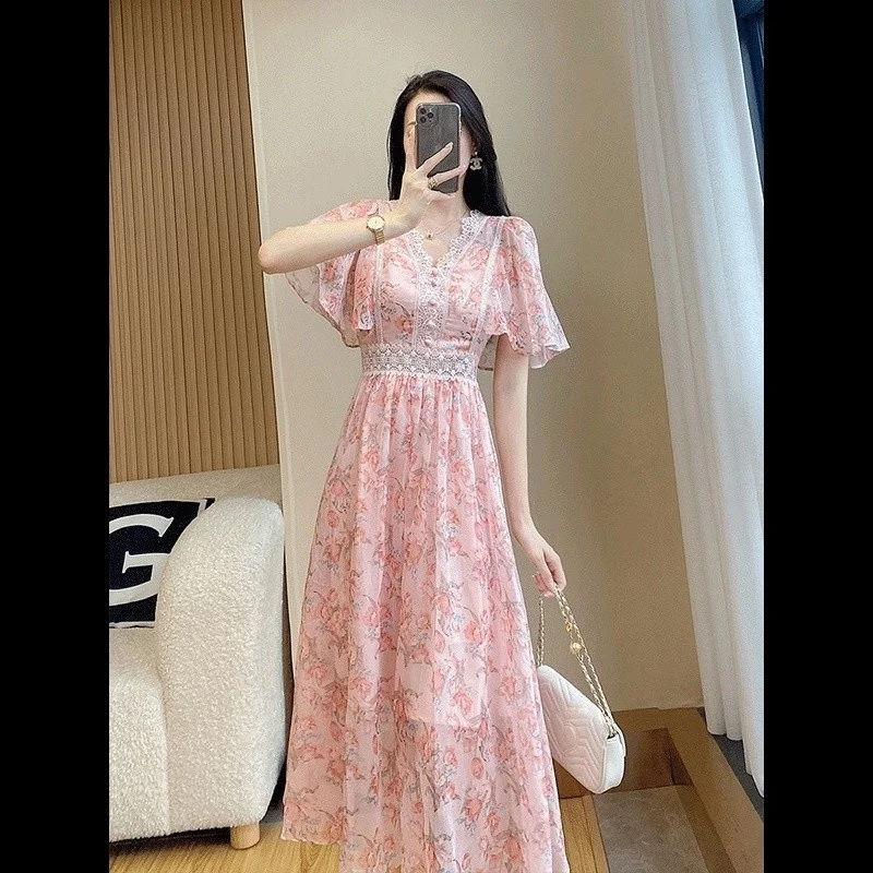 

2025 Summer Floral Print Chiffon Dress Women Fashion V-neck Bohemian Beach Mid Long Dress Elegant Ladies Party Dresses Vestidos