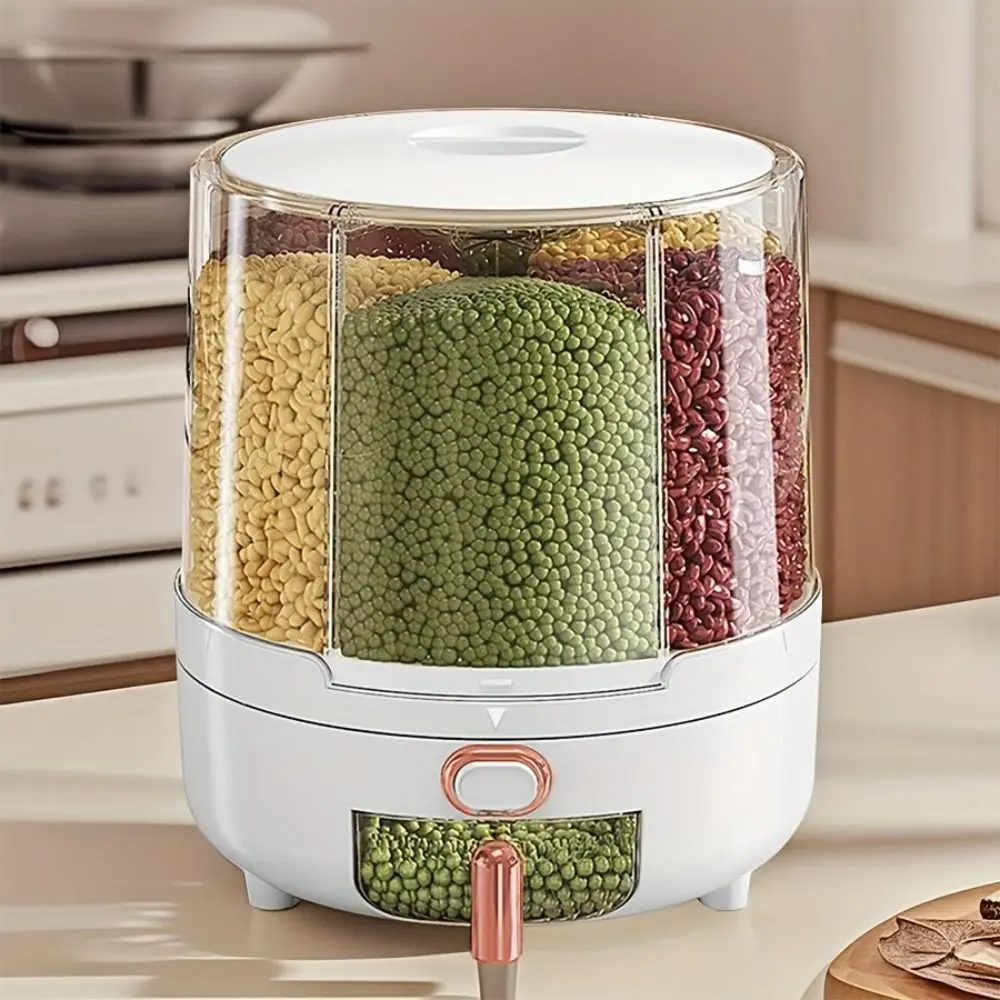 

Portable 6/10KG Cereal Container 6 Grid 360° Rotating Grain Storage Dispenser with Lid Moisture-Proof Food Storage Box Household