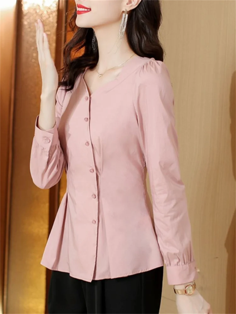 Diagonal Shirt Women Blouses Top V-neck Long Sleeve Women\'s Shirt Cardigan Women Clothes Shirt Slim Blouses Pink Femme Shirt