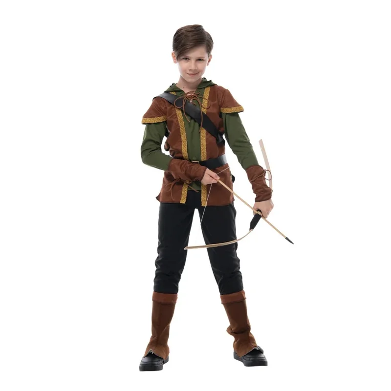 Reneecho Robin Hood Child Costume Boys Prince of Thieves Archer Costume Green Fancy Dress Halloween Costume Outfit