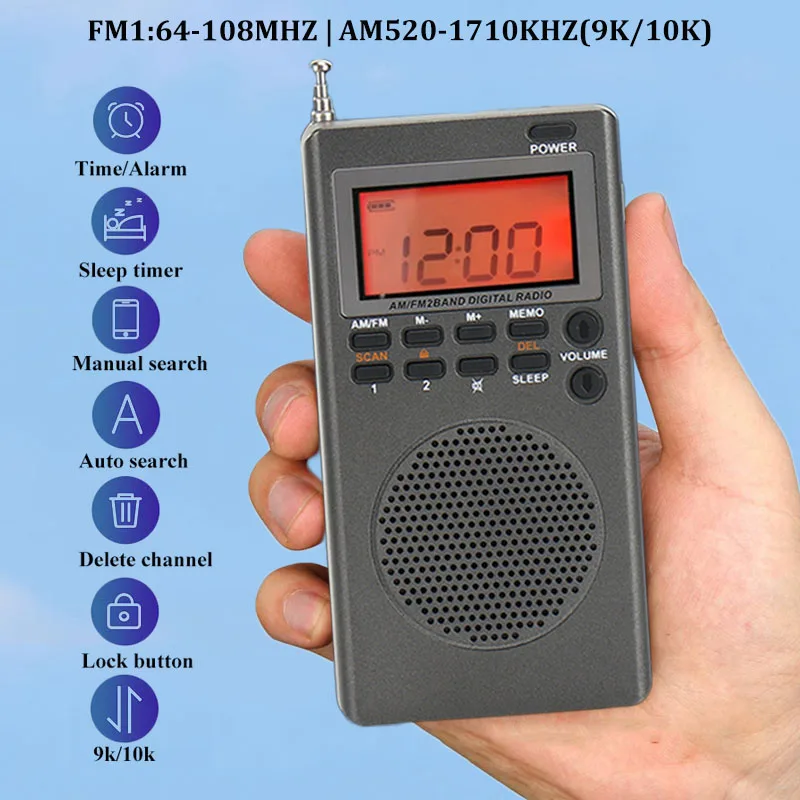 Mini Pocket FM AM Radio Portable 9K/10K Radios Receiver Built-in Speaker Backlight HD Display Screen Alarm Clock Sleep Timer