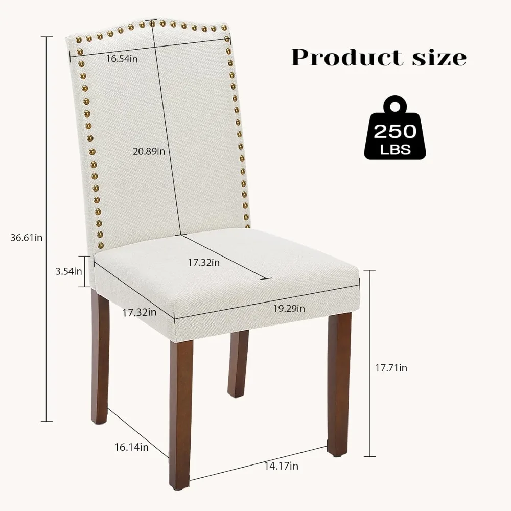 Beige dining chair 6-piece set, cloth chair, upholstered with studded headdress and wooden legs, for dining room and living room