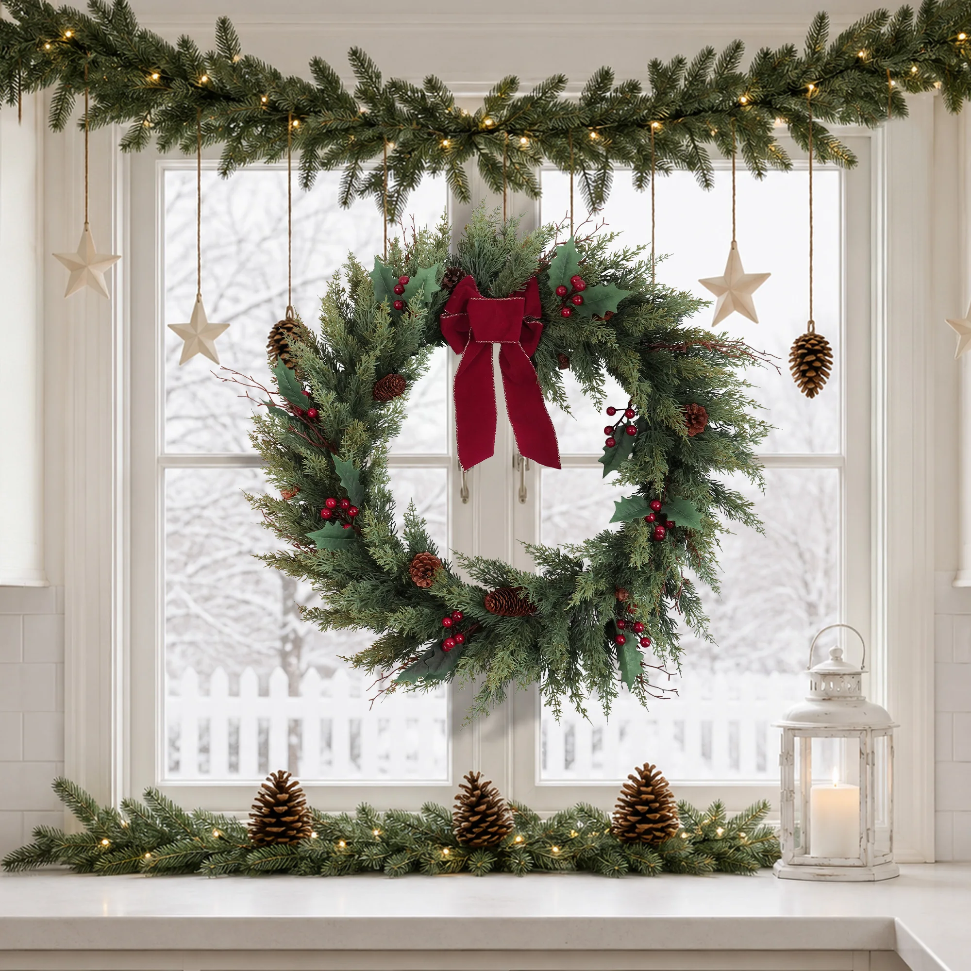 30 Inch Foldable Christmas Wreath for Front Door Artificial Cedar Wreath with Pinecones And Berries Collapsible Faux Greenery for Indoor Outdoor Holiday Winter Home Wall Mantel Decor