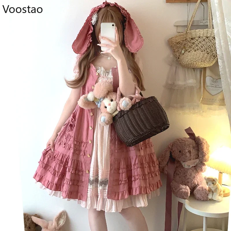 Original Sweet Lolita Style Mini Dress Women Cute Bunny Ears Hooded Cotton Coat Dress Girls Kawaii Rabbit Ears Trench Dresses