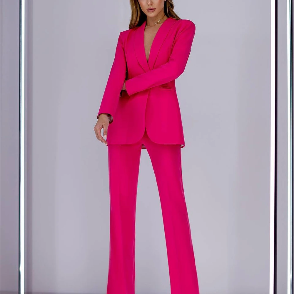 Hot Pink Solid 2-Piece Women Pantsuit Fashion Autumn Formal Outfit For Business Wedding Guest Suit Set For Women