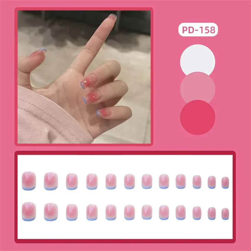 

24Pcs/Set Blush Blue Edge Pink Design Wearing False Nails Art Removable Full Coverage Press on Nail Simple Short Fake Nail Tips