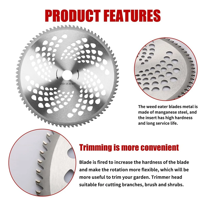 10In X 80T Tip Brush Cutter Trimmer Blades & 9In X 36 Teeth Carbide Tipped Blades With Universal Adapter Kit Compatible Durable