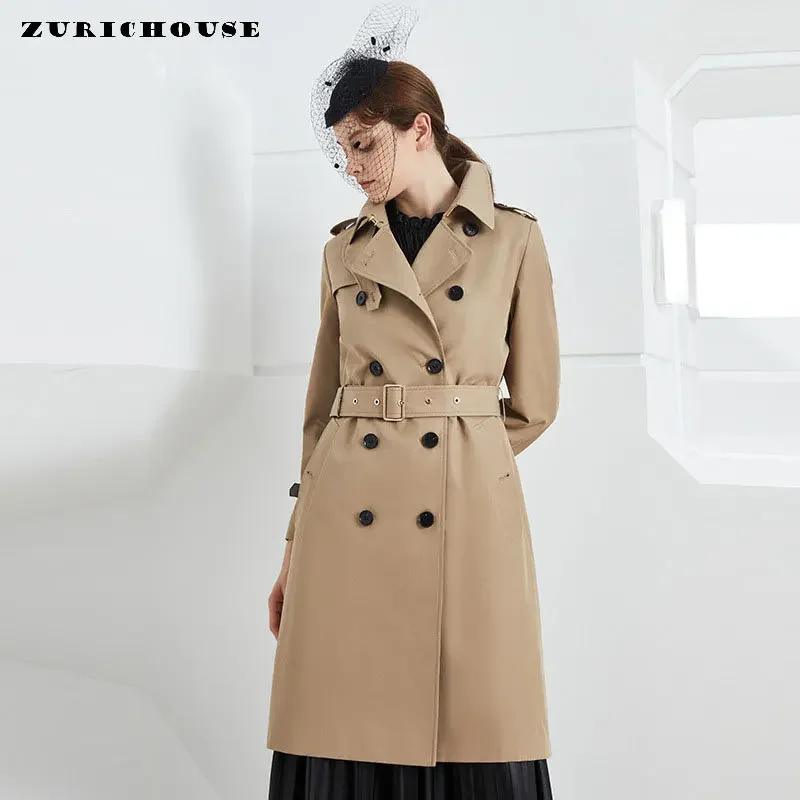 

High-end Classic Khaki Long Trench Coat for Women 2024 New Slim Double Breasted Belted Windbreaker Manteau Printemps Femme