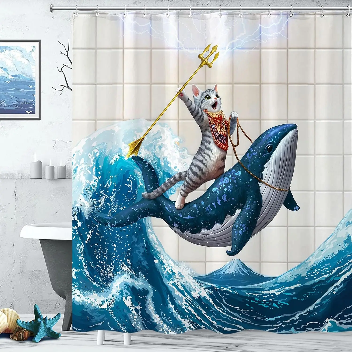 ستارة دش القط المحيط مضحك الحوت دش الستائر للحمام متعة دش الستار مجموعة مع 12 السنانير Wha