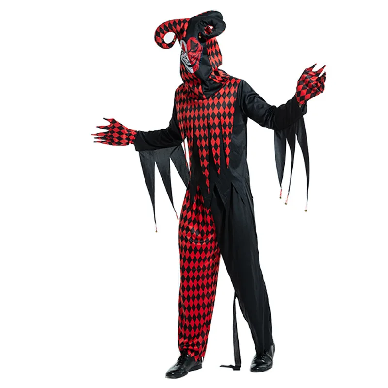 Black and Red Plaid Man Circus Scary Clown Cosplay Halloween Droll Joker Costumes Carnival Purim Nightclub Role Play Party Dress