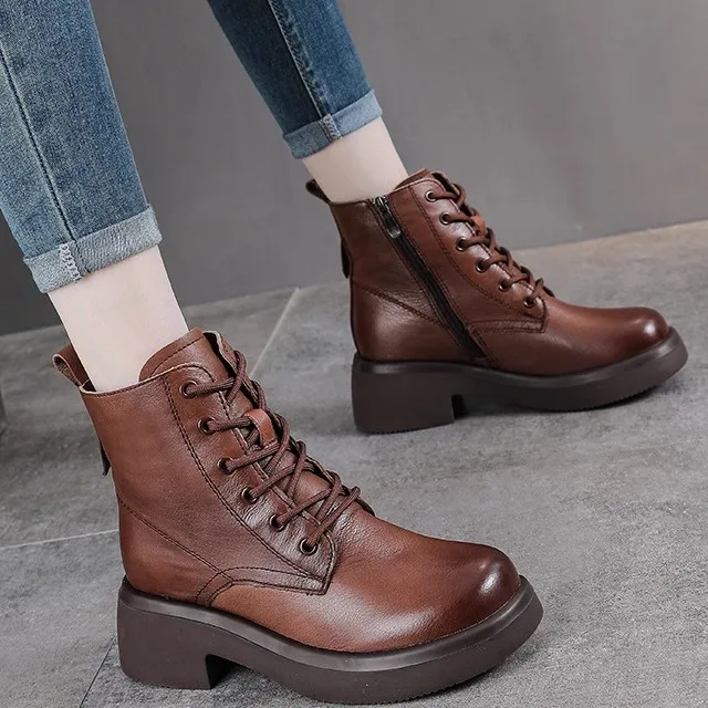 

Thick Bottom Boots Single Boot Short Tube Cotton Shoes Genuine Leather Short Boots Women's Fashion Boots round Toe