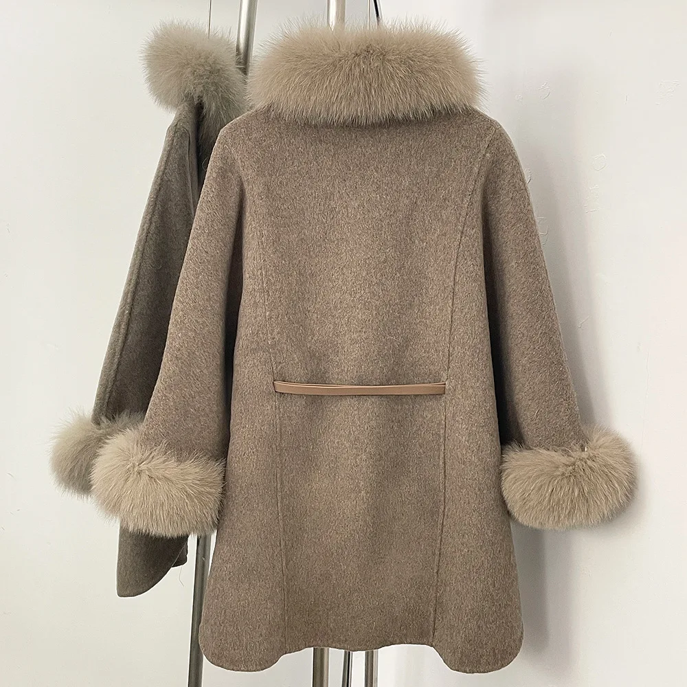 معطف صوف أسترالي 90% على الوجهين عباءة للنساء بياقة من فرو الثعلب الطبيعي وحزام للسيدات متوسط الطول ملابس خارجية من الصوف الدافئ #3