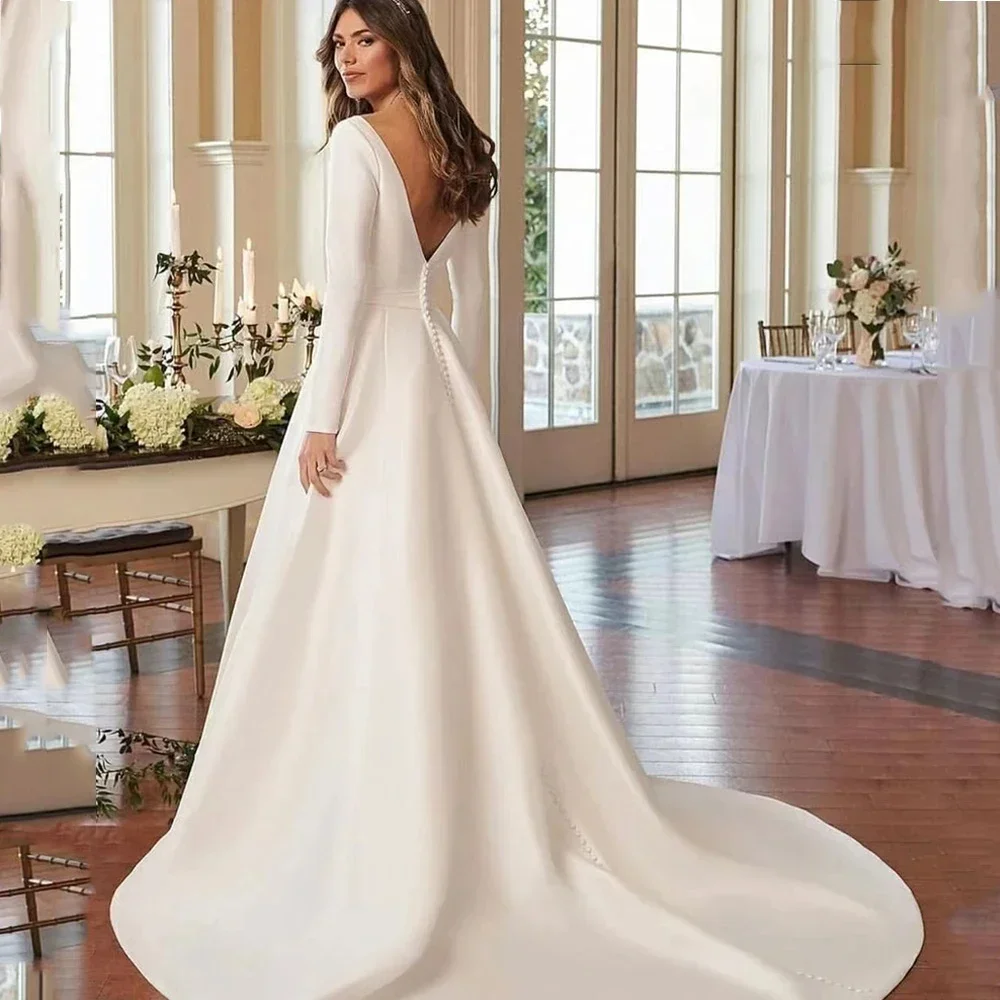 Customized V-Neck Long Sleeve A-Line Wedding Dresses 2025 Backless Satin Bridal Gowns For Women vestidos de novia