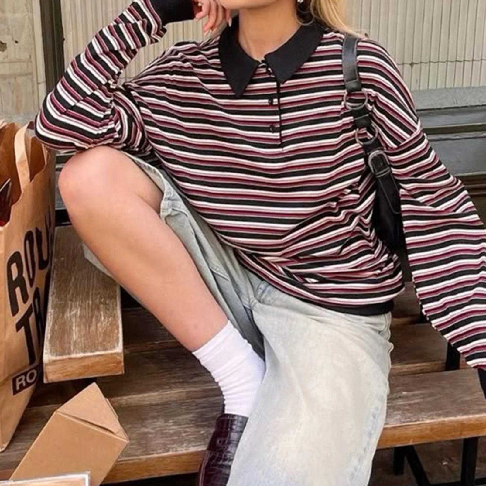 เสื้อยืดแขนยาวทรงหลวมสไตล์วินเทจย้อนยุค ลายทาง ปกพับ ไหล่ตก สำหรับผู้หญิง ฤดูใบไม้ผลิ ฤดูใบไม้ร่วง สวมใส่สบายๆ