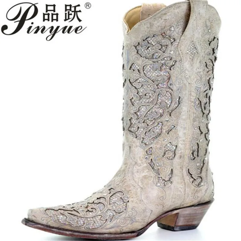 

Women Boots Fashion Vintage pointy embroidery Slip-On Rhinestones Print Party Knee-high boots 34-46
