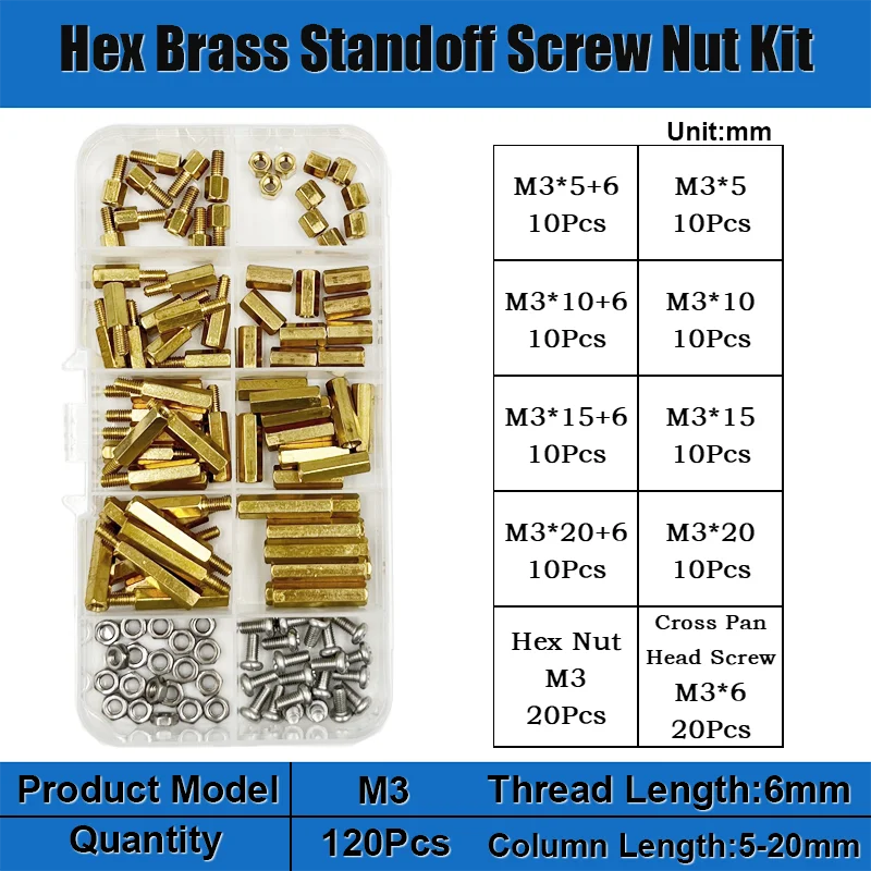 Messing-Abstandshalter-Set: Sechskant-Säulen-Abstandshalter, Schrauben, Muttern, Stecker und Buchsen für PCB-Leiterplatten M2, M2.5, M3, M4 – Detail 9