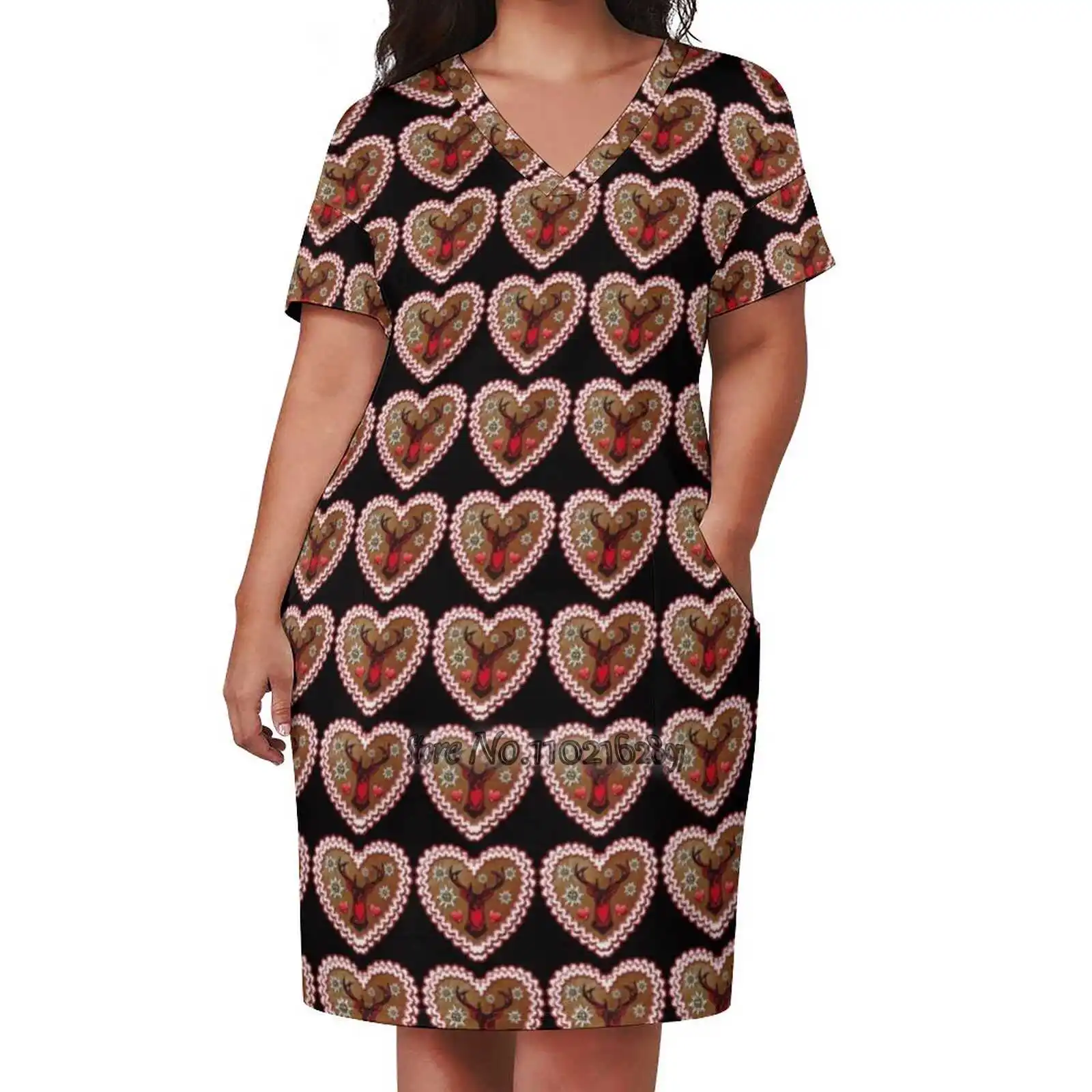 Proud Deer Gingerbread Heart Gingerbread Heart Bavaria Fashion Street Dress Loose V-Neck Short Sleeve Skirt Casual Party Skirt