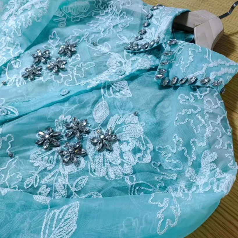 

Real photo Luxury Design Casual Loose Long Sleeve Embroidery Shirt Woman 2025 Summer Autumn Button Up Blouses Women Tops