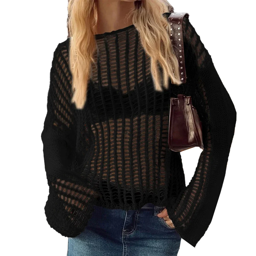 تغطية للشاطئ بأكمام طويلة محبوكة مفتوحة للنساء ، كروشيه صيفي ، قميص شمس