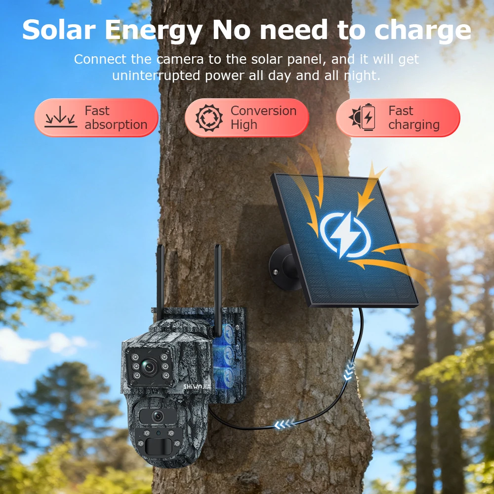 SHIWOJIA 8MP AOV كاميرا البطارية الشمسية 4G SIM AI التعرف على الحيوانات 7/24 ساعة تسجيل واي فاي الصيد مراقبة الأمن فيديو