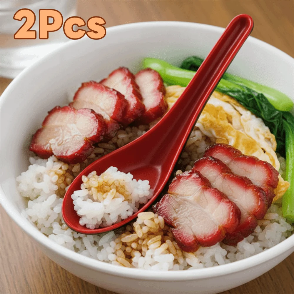2pcs Japanese Style Melamine Red Black Soup Spoon Simulated Ceramic Long Handle Porridge Spoon Drop-resistant Heat-resistant