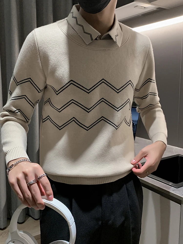 

Мужской вязаный свитер премиум-класса с воротником-рубашкой, имитация двухслойности, зимний, базовый, повседневный, свободного кроя, из смесового хлопка и нейлона