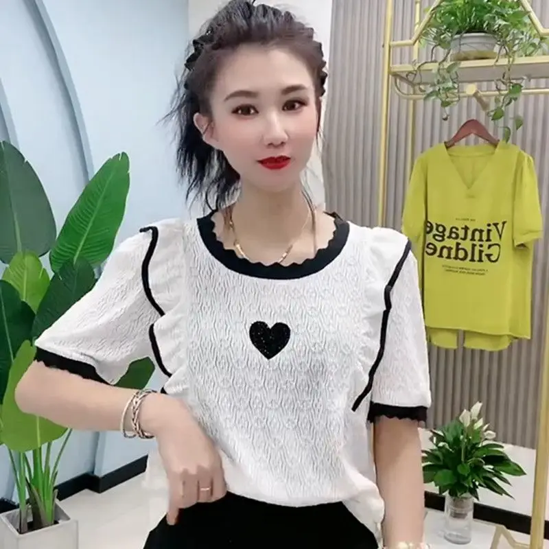 Fashion Splicing Round Neck Short Sleeved T-shirt For Women 2024 Summer New Loose Top