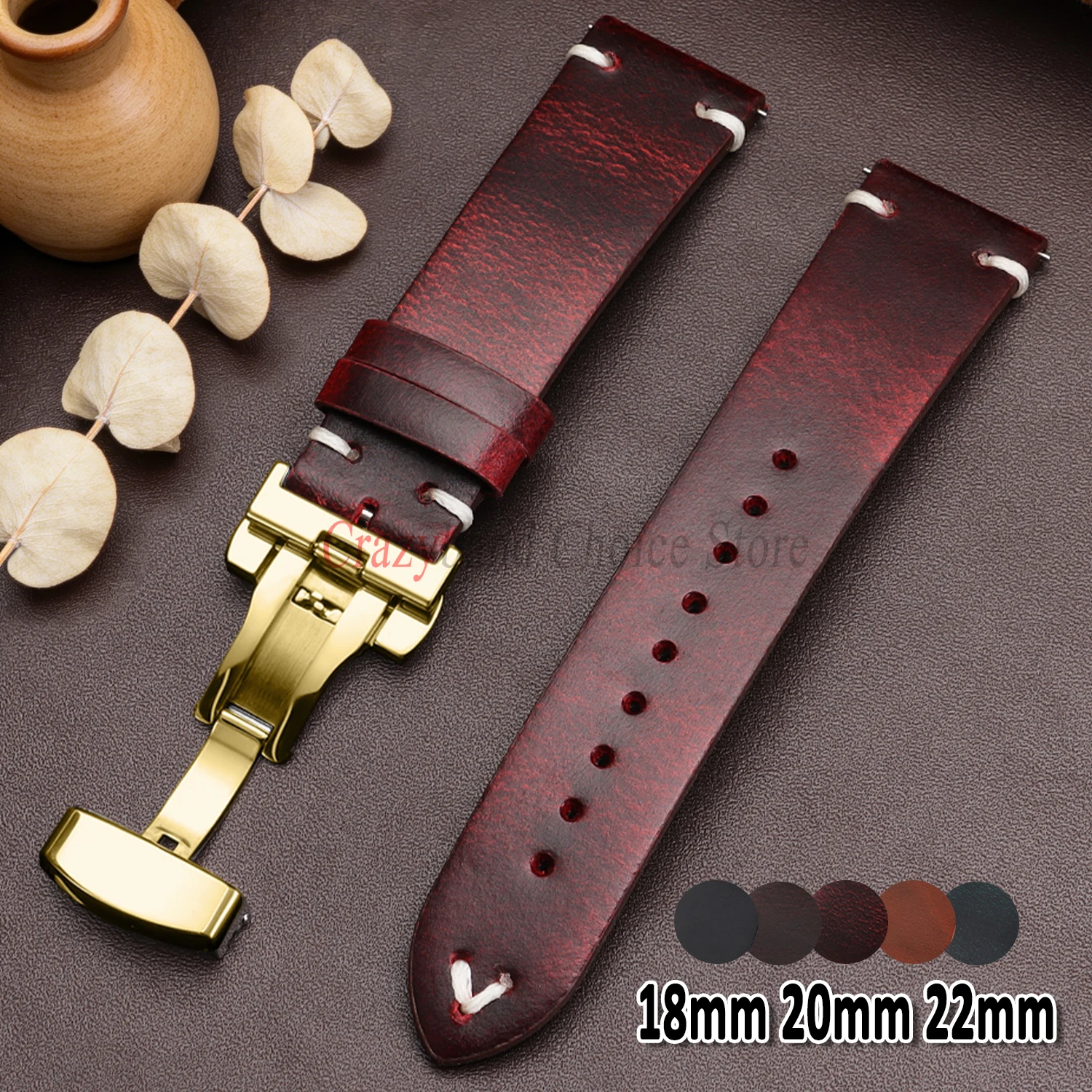 Bracelet en cuir huilé universel 18/20/22mm pour montres Seiko, hommes et femmes, avec boucle papillon, sangle en cuir de vachette pour Omega