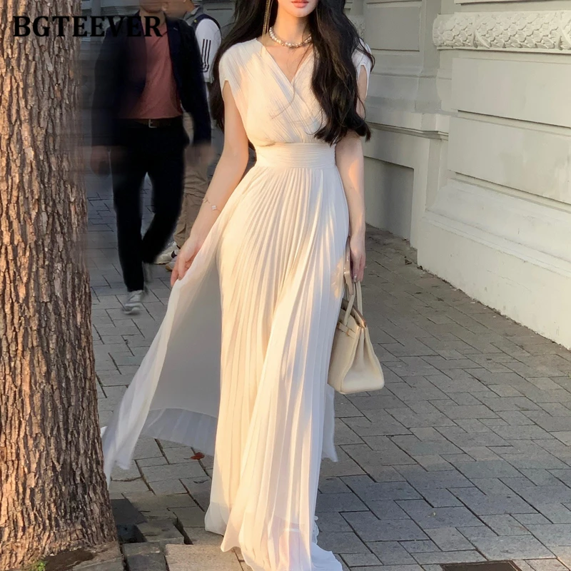 BGTEEVER Stylish V-neck Sleeveless Women Pleated Dress Spring Summer Slim Waist Long Dress for Women