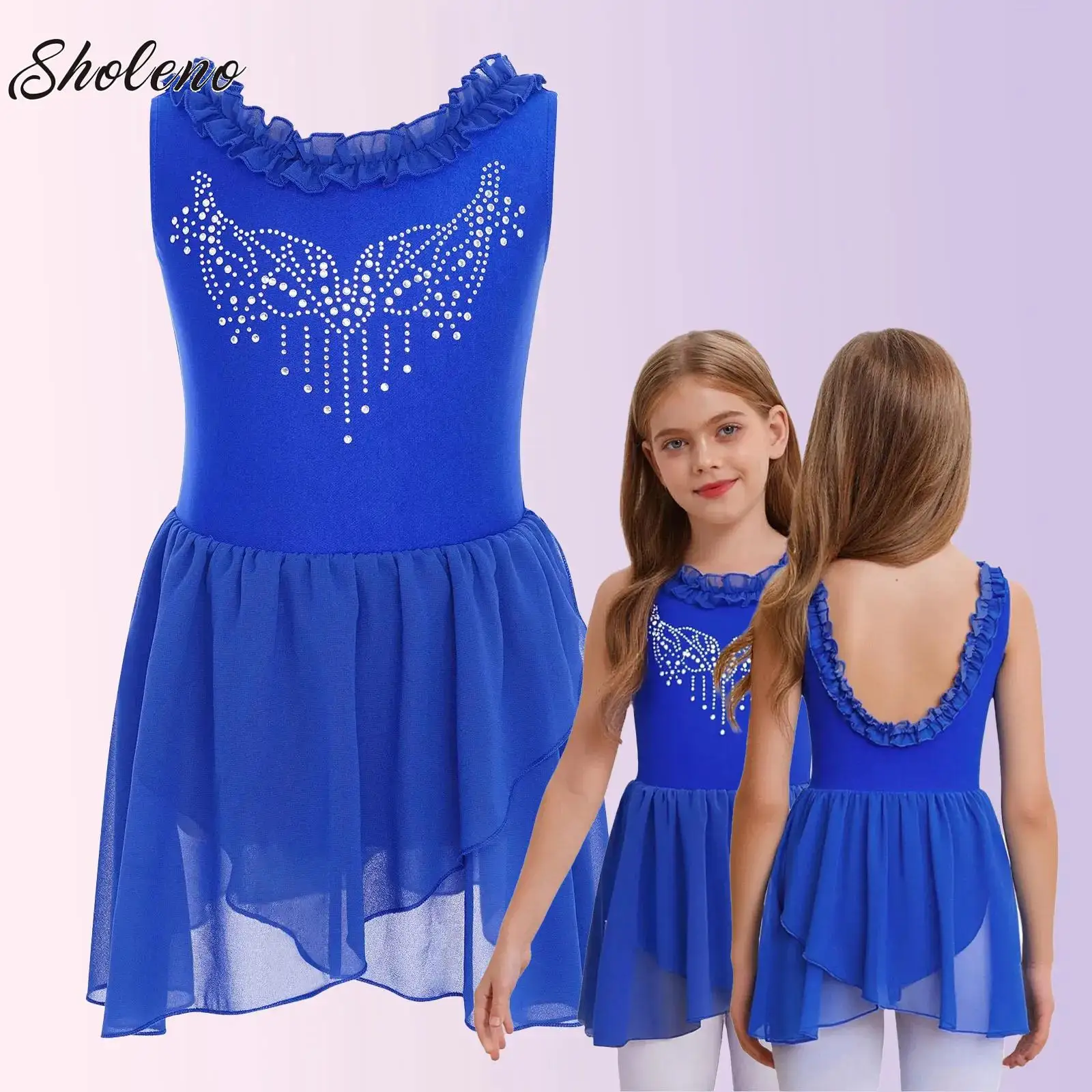 

Figure Ice Skating Tutu Dress for Girls Ballet Gymnastics Jersey Leotard Ruffled Collar Rhinestone Mesh Competition Costume