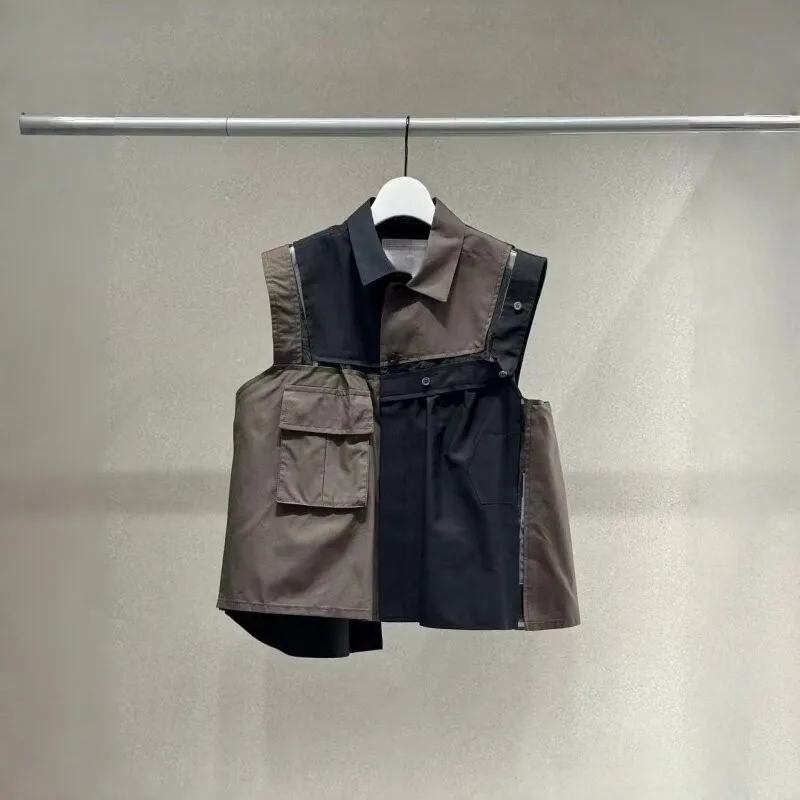 2026 Summer Japanese Fashion Women Lapel Workwear Waistcoat Color Contrast Patchwork Sleeveless Vest Casual Daily Outerwear Tops
