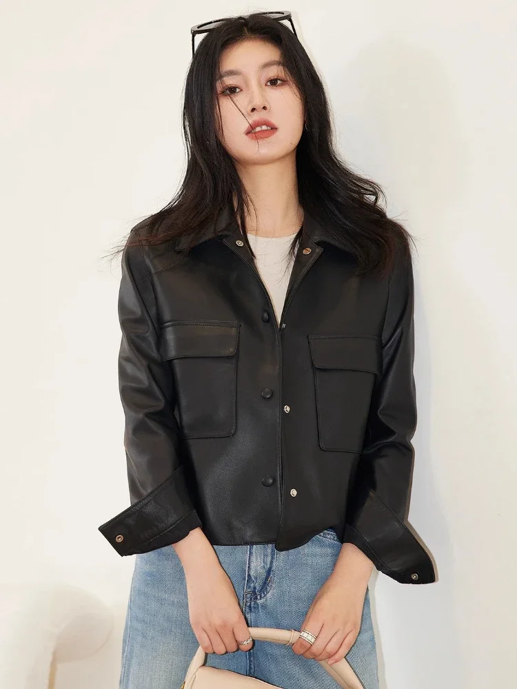 

Casual Short Genuine Leather Jackets for Women Spring Autumn 2026 New High-end Simple Loose Solid Soft Real Sheepskin Coat