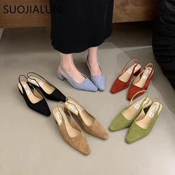 SUOJIALUN 2024 Spring New Sandal Shoes Fashion Shallow Slip On Ladies Slingback Shoes Squaew Low Heel Outdoor Dress Mules Pumps