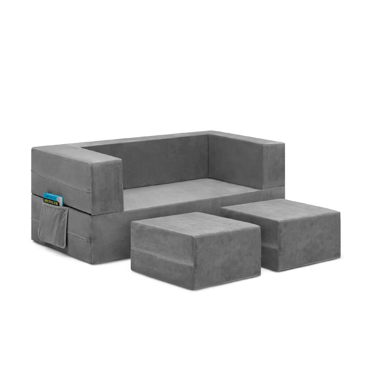 Sofá convertible y juego para niños y niños pequeños Sofá modular de espuma y tumbona abatible con 2 otomanas, gris