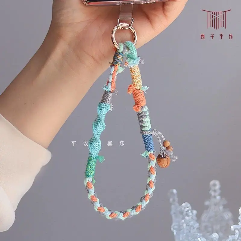 Handgefertigter Handy-Anhänger aus geflochtenem Seil, buntes gewebtes Baumwollarmband, Handgelenk-Lanyard, niedliche ästhetische Handykette für Mädchen, iPhone – Detail 1