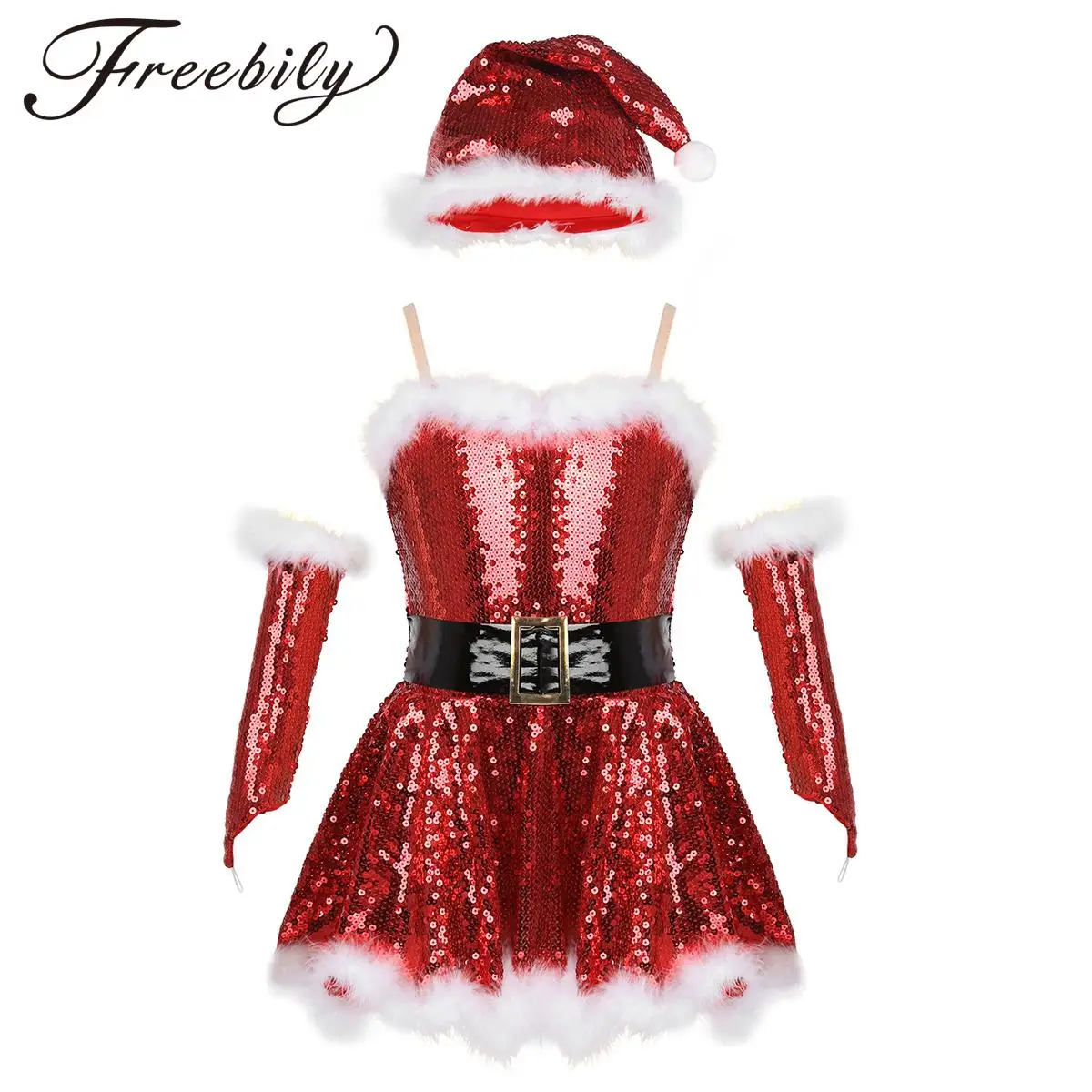 

Girls Christmas Ballet Dance Dress with Hat Arm Sleeves Xmas Santa Claus Cosplay Costume Figure Skating Leotard Tutu Dancewear