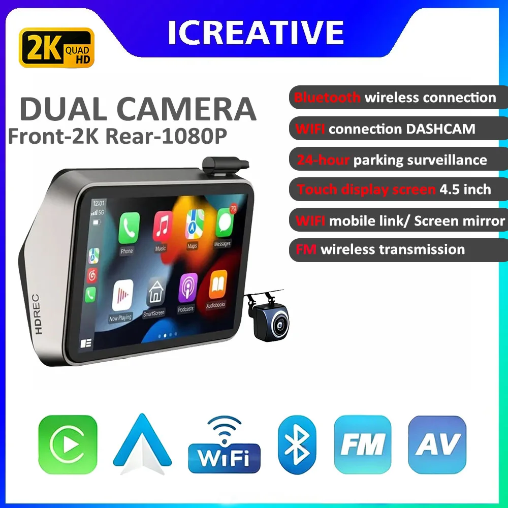 2K Dual Dash Camera 24H Parking Surveillance DVR Video Recorder Wireless CarPlay Android Auto WIFI Bluetooth FM Monitor