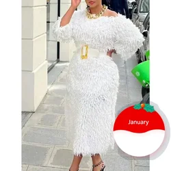 Customized Women White Fur Dresses 3/4 Sleeves Tassel Elegant Fluffy Midi Dress with Belt Fall Winter Luxury Party Club Night Go