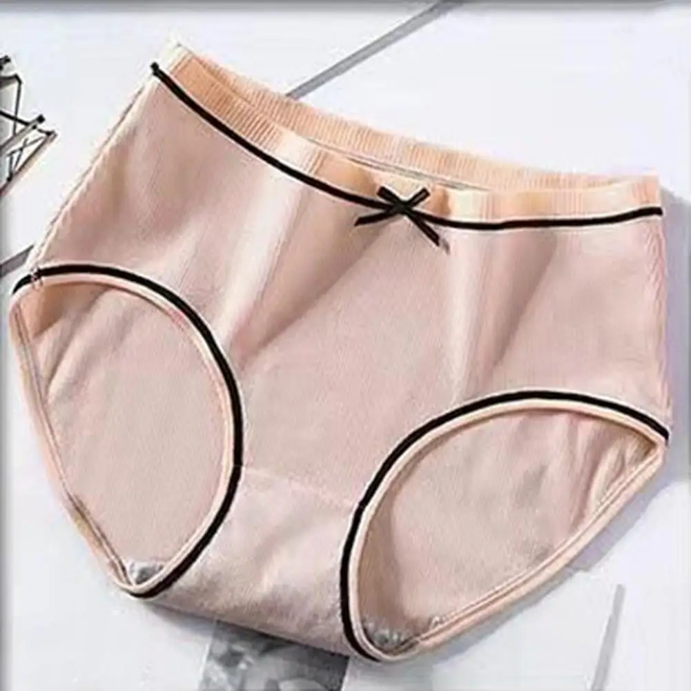 Stretchy Women Panties Breathable Cute Japanese Style Women's Panties with Ribbed Design Bowknot Decor Soft Mid-rise for Girls