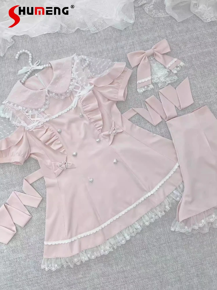 

Японский стиль Mines, массовое производство, милые комплекты платьев Лолиты для девочек, кружевные платья с короткими рукавами, шорты, комплект из двух предметов для женщин