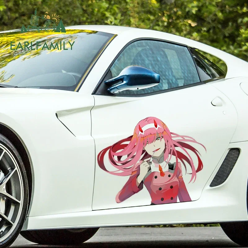 EARLFAMILY 43cm x 32.7cm For Zero Two Anime Car Accessories Stickers Motorcycle Decal Camper Graffiti Sunscreen Sticker Decor