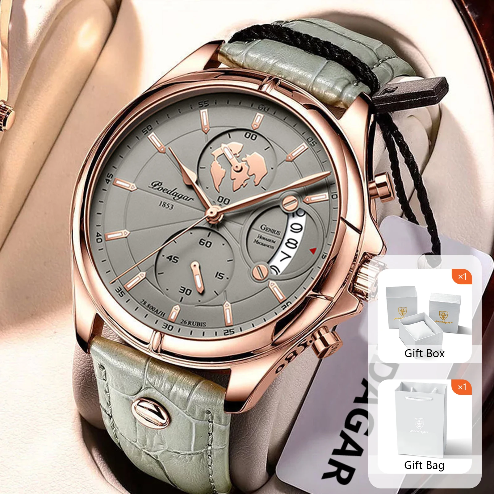 POEDAGAR ساعات فاخرة للرجال كرونوغراف تاريخ مقاوم للماء ساعة رجالية مضيئة جلدية كوارتز ساعة رجال الأعمال مع صندوق هدية