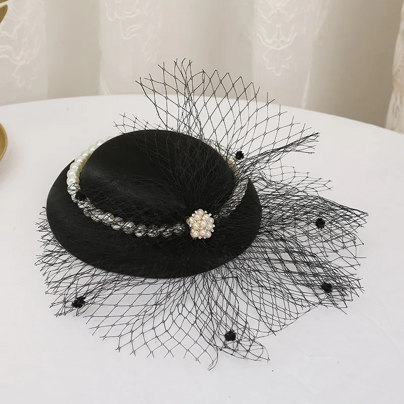 

Women Fascinator Hat with Veil, Ladies Kentucky Derby Pearls Headwear Cocktail Tea Party Photography Top Hat