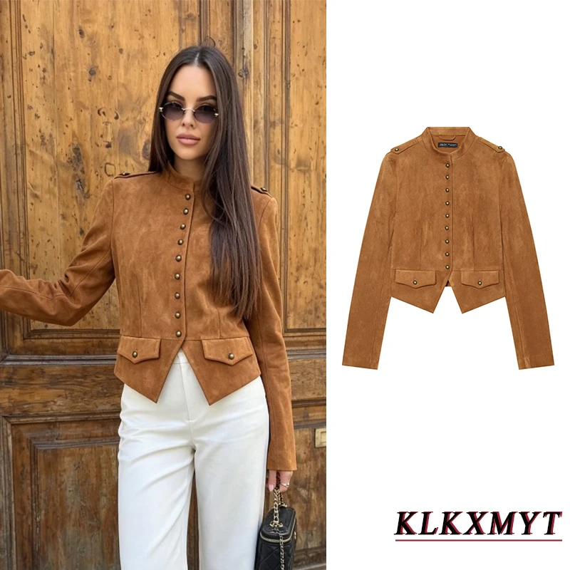 Women Autumn Winter Fashion Suede Jacket Elegant Stand Collar Button Coat  Leisure Loose Office Hight Street Orange Coat