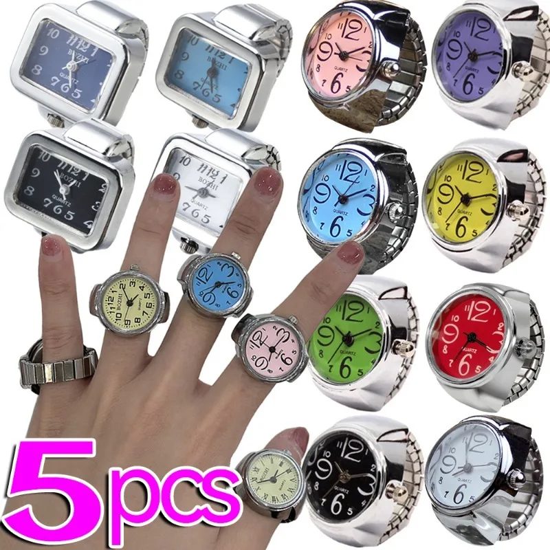 1/5Pcs Mini Watch Rings Vintage Punk Elastic Strap Alloy Watches Women Men Couple Rings Jewelry Clock Roman Quartz Watch Rings