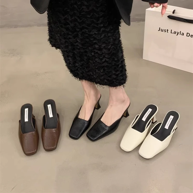 

2025 New Fashion Square Toe Closed High Heels Temperament Dress Shoes Women Elegant Heeled Slippers Shoes Fashion Sandals