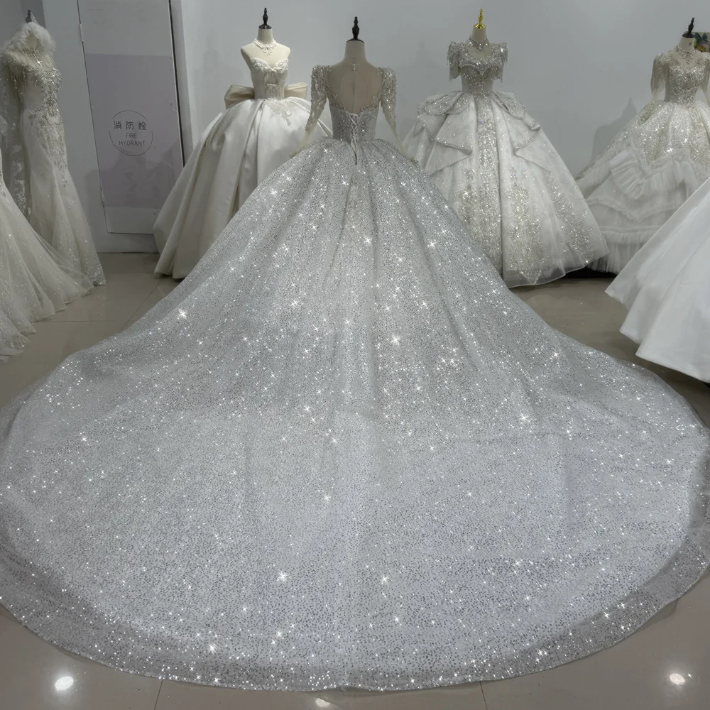 Vestidos De Noiva Casamento manga larga cuello redondo ojo De cerradura espalda vestido De novia rebordear lentejuelas estrella vestido De bola De cristal vestido De novia