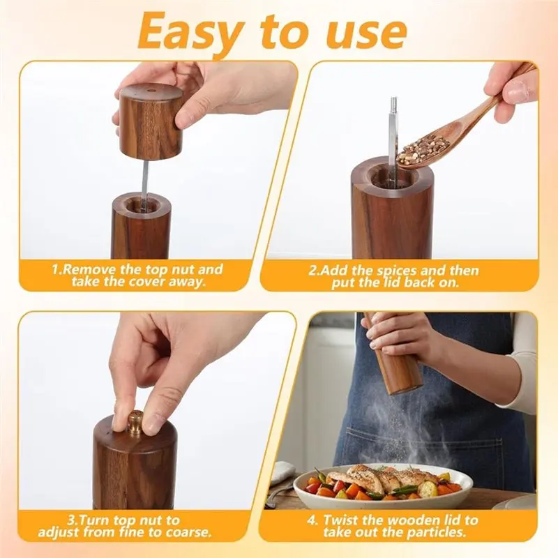 EYFL-For Kitchen Home Gift- Wood Salt And Pepper Grinder Set(2-Pack), 8 Inch Adjustable Coarseness Mill With Brush And Spoon